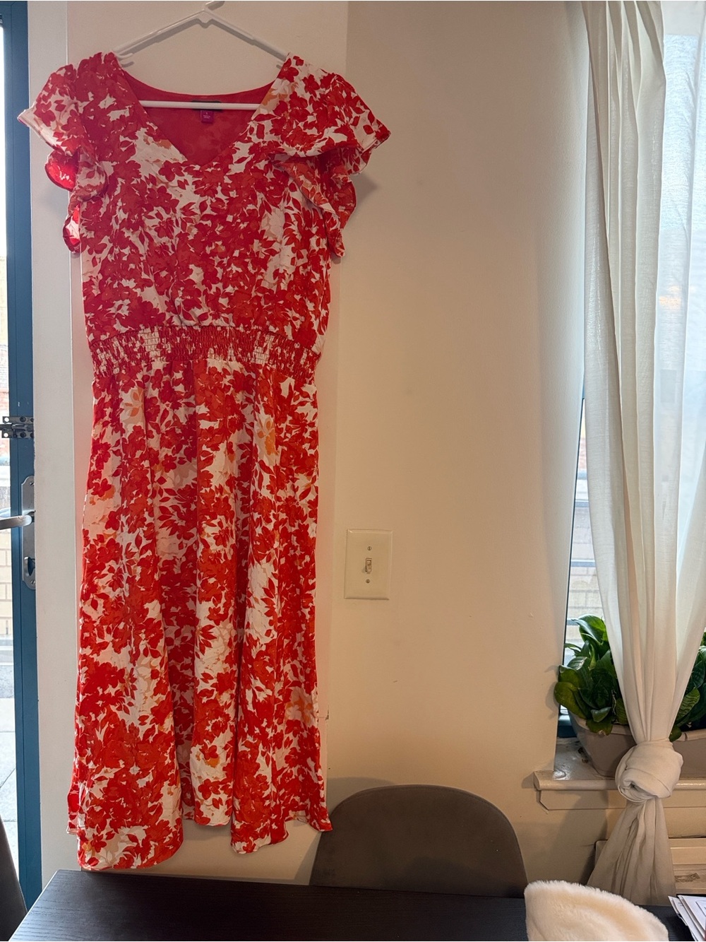 Vince Camuto Orange feminine dress with white florals colorful design in size S